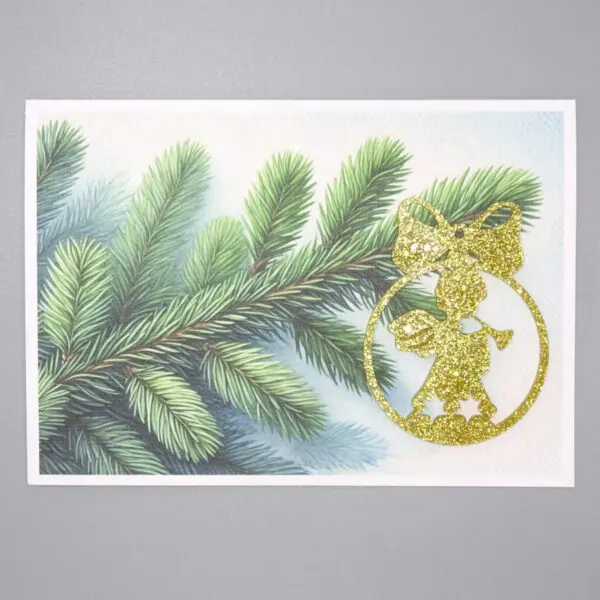 Weihnachtskarte mit Tannenast und goldenem Engel aus Acryl (Grösse A5)